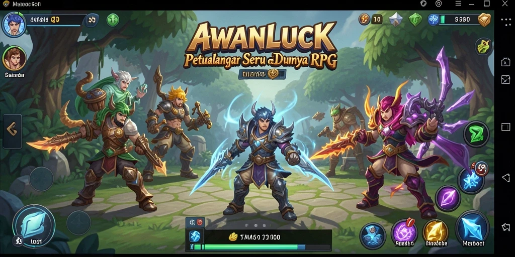 Screenshot gameplay AWANLUCK menampilkan pertarungan intens dan eksplorasi dunia RPG.