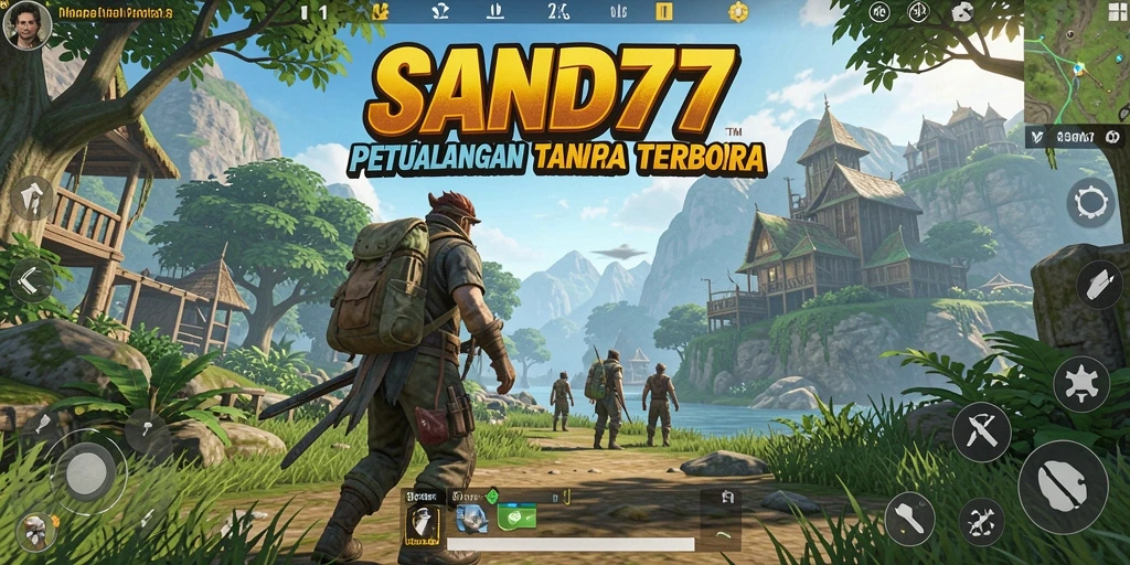 Screenshot utama SAND77 menunjukkan pemain yang menjelajahi dunia terbuka.