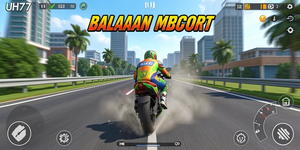 Screenshot gameplay UH77 yang menampilkan balapan motor yang seru.