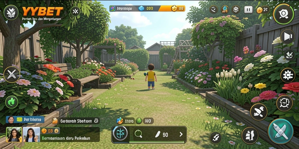 Screenshot gameplay YYBET menampilkan kebun yang subur dan tanaman beragam.